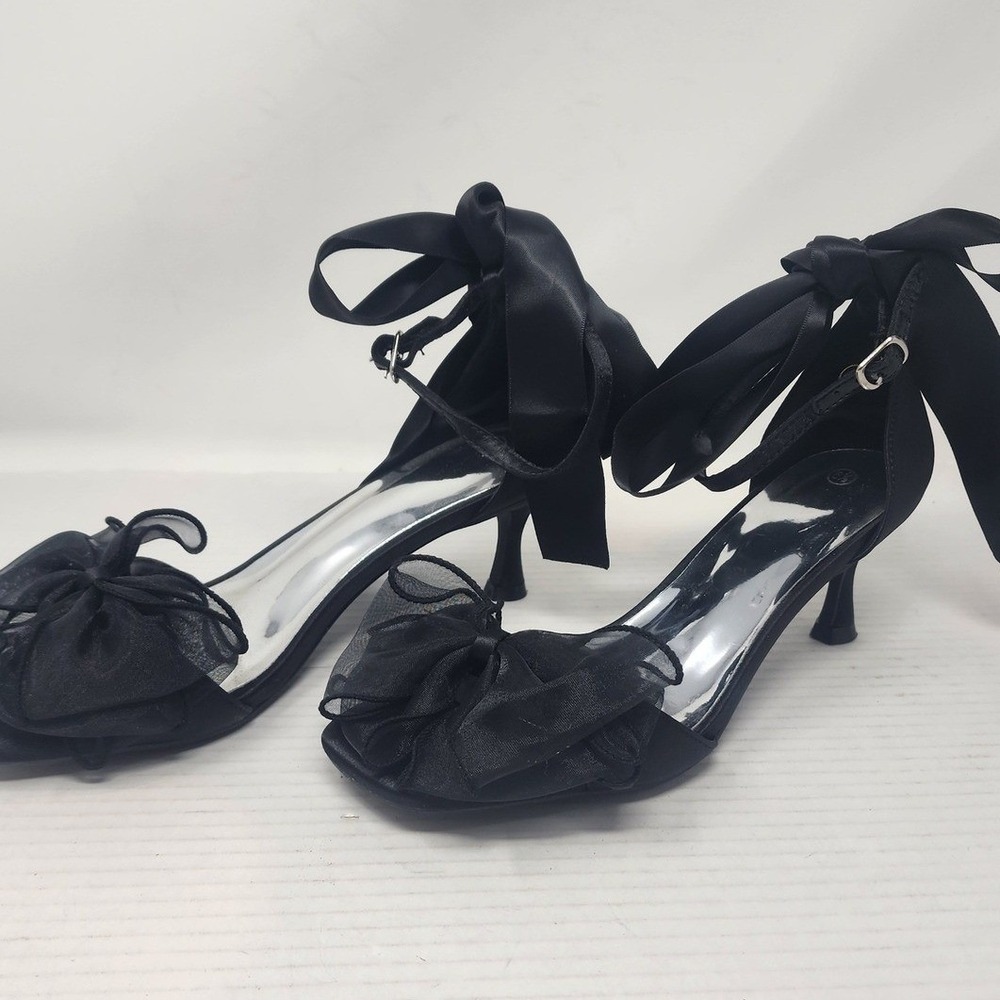 Black Satin Organza Bow Kitten Heels Ankle Tie Evening Sandals Square‎ Toe 6.5 - Picture 3 of 10